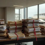 Pilhas de documentos em mesa de escritório em Brasília simbolizando burocracia no PPA 2024-2027