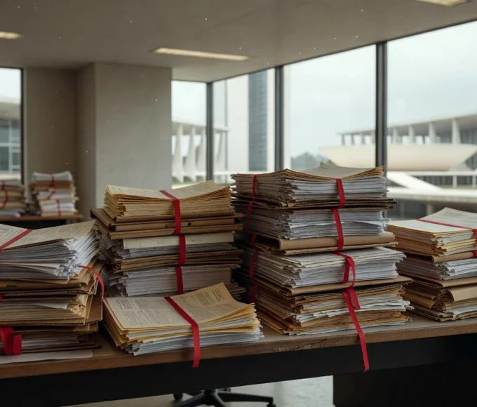 Pilhas de documentos em mesa de escritório em Brasília simbolizando burocracia no PPA 2024-2027