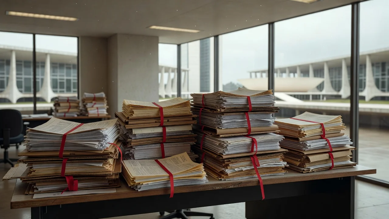 Pilhas de documentos em mesa de escritório em Brasília simbolizando burocracia no PPA 2024-2027