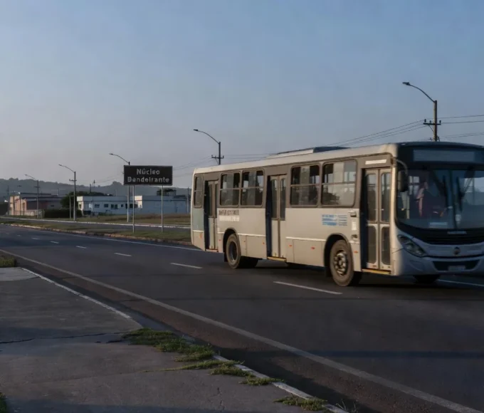 Estrada em Brasília com ônibus e placa do Núcleo Bandeirante ao amanhecer, sobre Fila Zero em saúde.