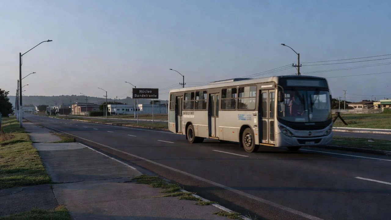 Estrada em Brasília com ônibus e placa do Núcleo Bandeirante ao amanhecer, sobre Fila Zero em saúde.