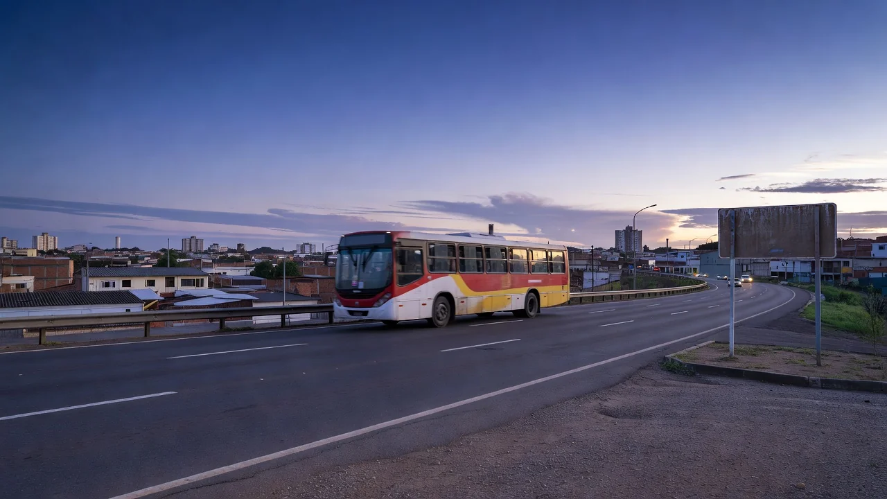 Estrada com ônibus e placa de divisa na hora azul representando movimento pendular para capacitação no Brasil