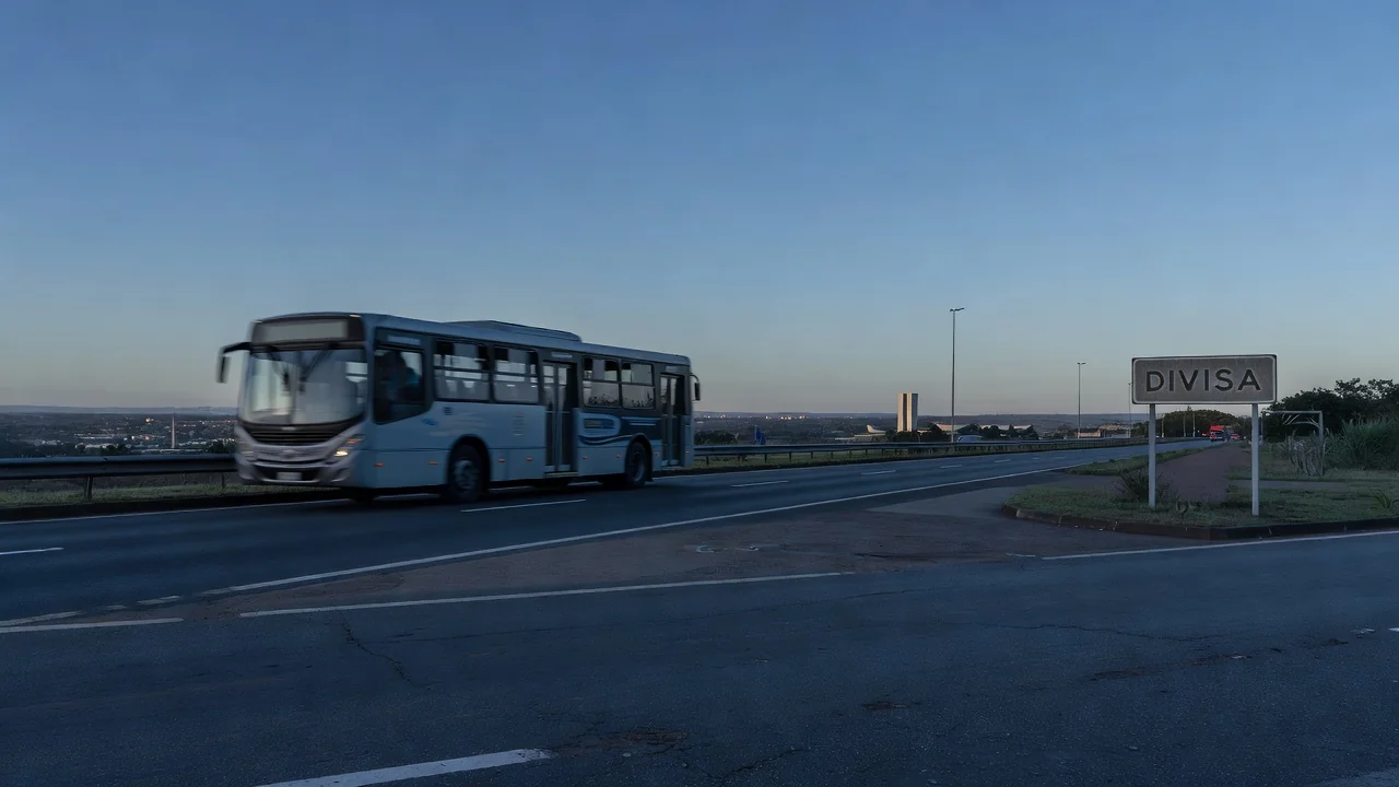 Ônibus em estrada de Brasília ao amanhecer durante congresso sobre desinformação