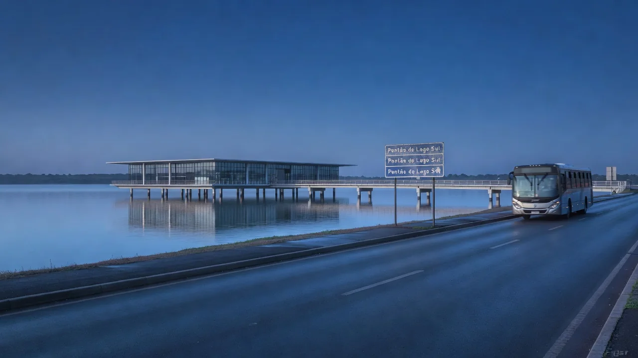 Pontão do Lago Sul em Brasília ao amanhecer com estrada e ônibus