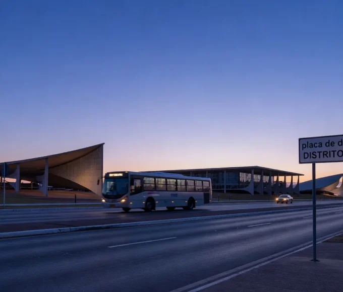 Estrada em Brasília com ônibus ao anoitecer representando gestão do DF