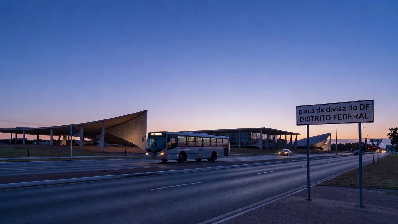 Estrada em Brasília com ônibus ao anoitecer representando gestão do DF
