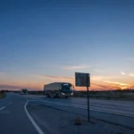 Estrada com ônibus e placa de divisa na hora azul simbolizando jornada política