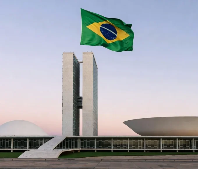 Estrada em Brasília com ônibus e placa do DF na hora azul, representando pesquisa eleitoral no Distrito Federal.