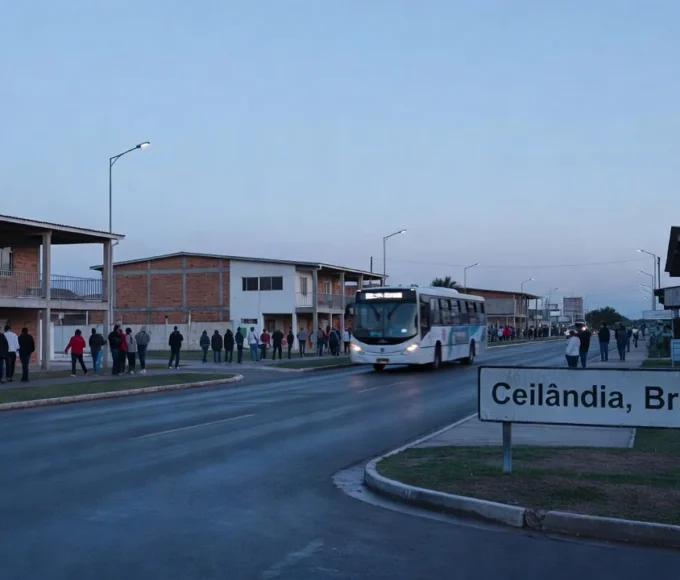 Seção eleitoral em Ceilândia com eleitores na hora azul do amanhecer