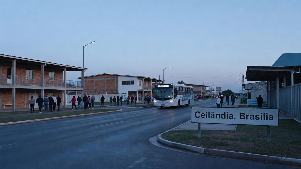 Seção eleitoral em Ceilândia com eleitores na hora azul do amanhecer